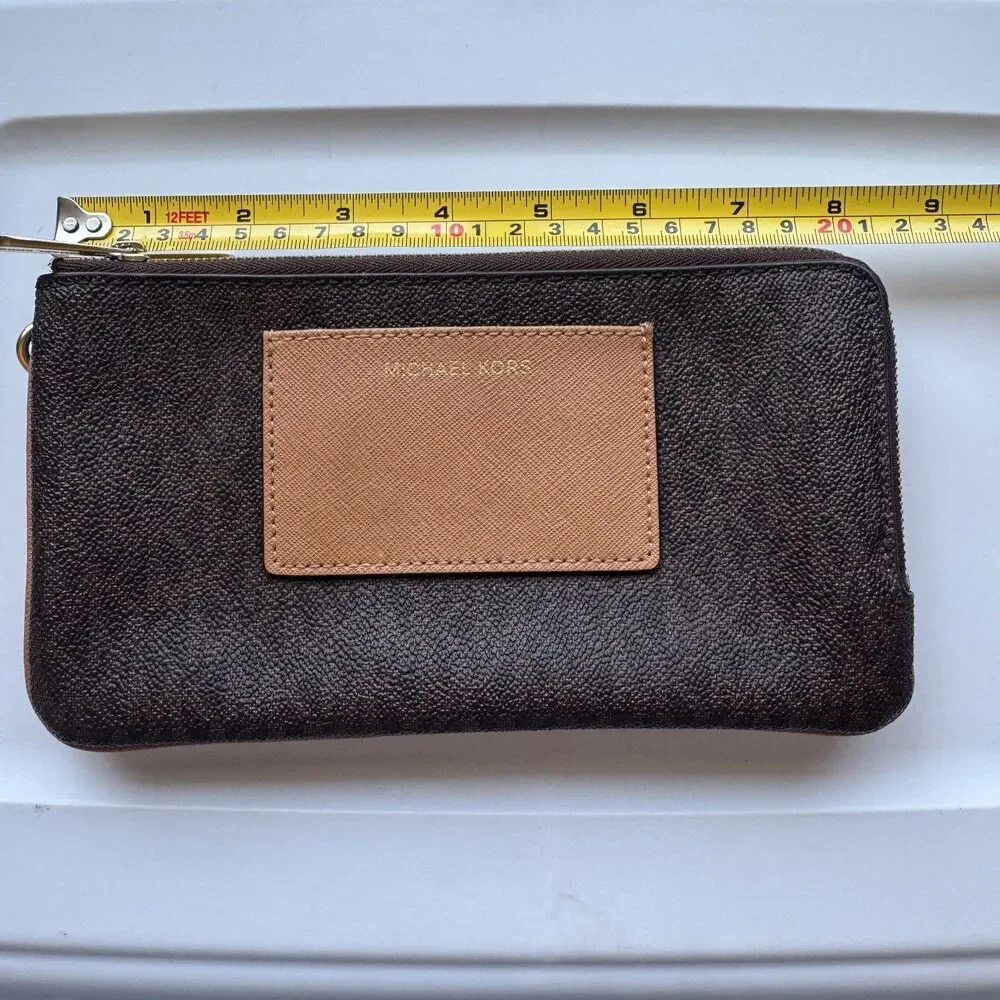 Michael Kors Bedford Double Zip Clutch Dark Brown Logo Signature Monogram